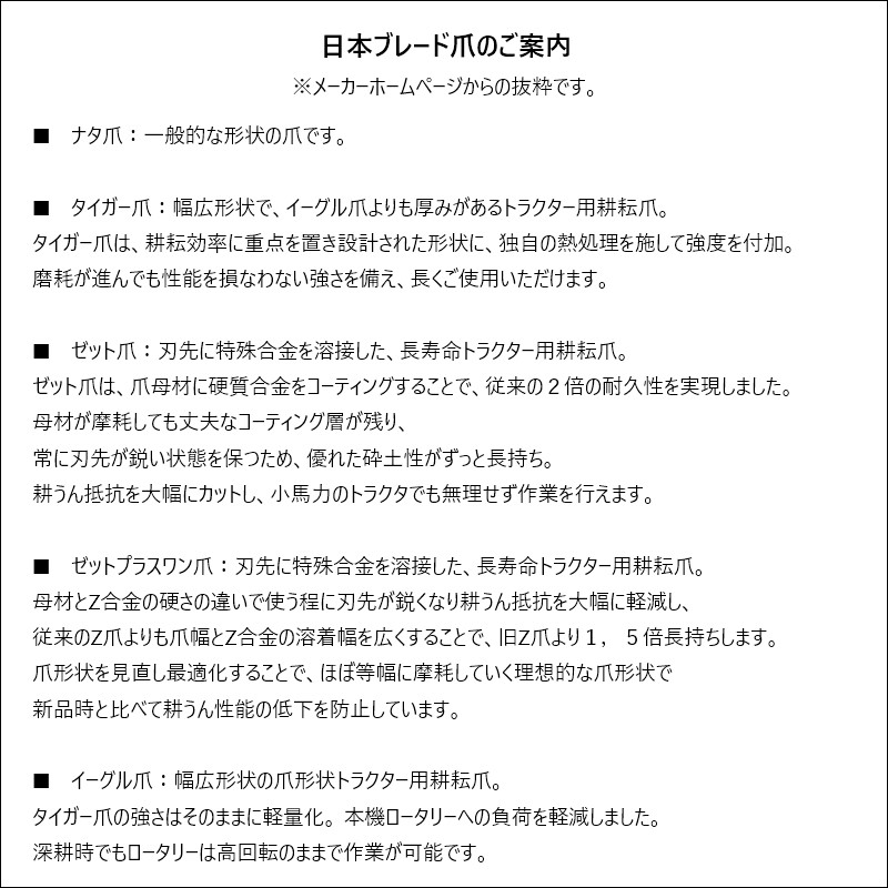 N19-18 日立ティエラ、日の本トラクターサイドロータリー交換用、日本ブレード 爪各種 ４２本組